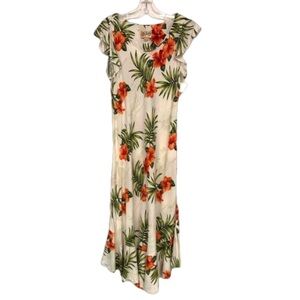 Hilo Hattie hibiscus white orange a-line maxi dress Large ruffle hem Vintage